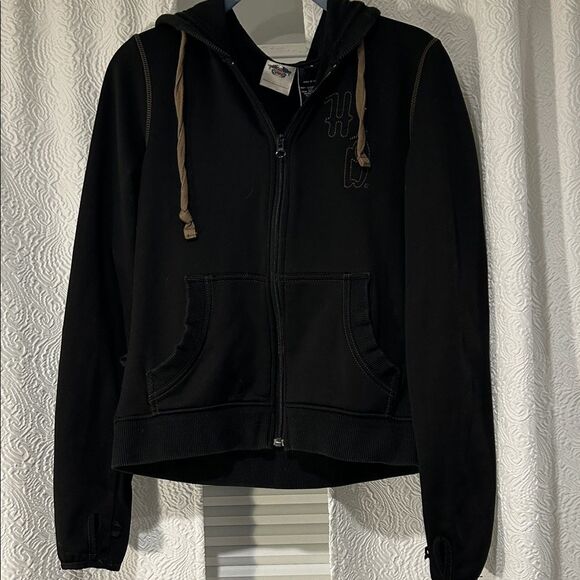 Harley-Davidson Tops - Harley-Davidson Black Zip-Up Hoodie with Tan Drawstrings